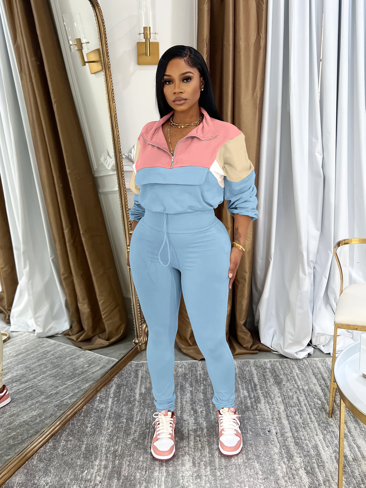 Lapel Crew Neck Sweatsuit Set for Women – Half-Zip Long Sleeve Sweatshirt & Sweatpants 2-Piece Casual Outfit, Solid Color Fall Winter Loungewear