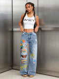 Women's Distressed Wide Leg Jeans Light Wash Graphic Print Sunflower Butterfly Smiley Casual S-XL