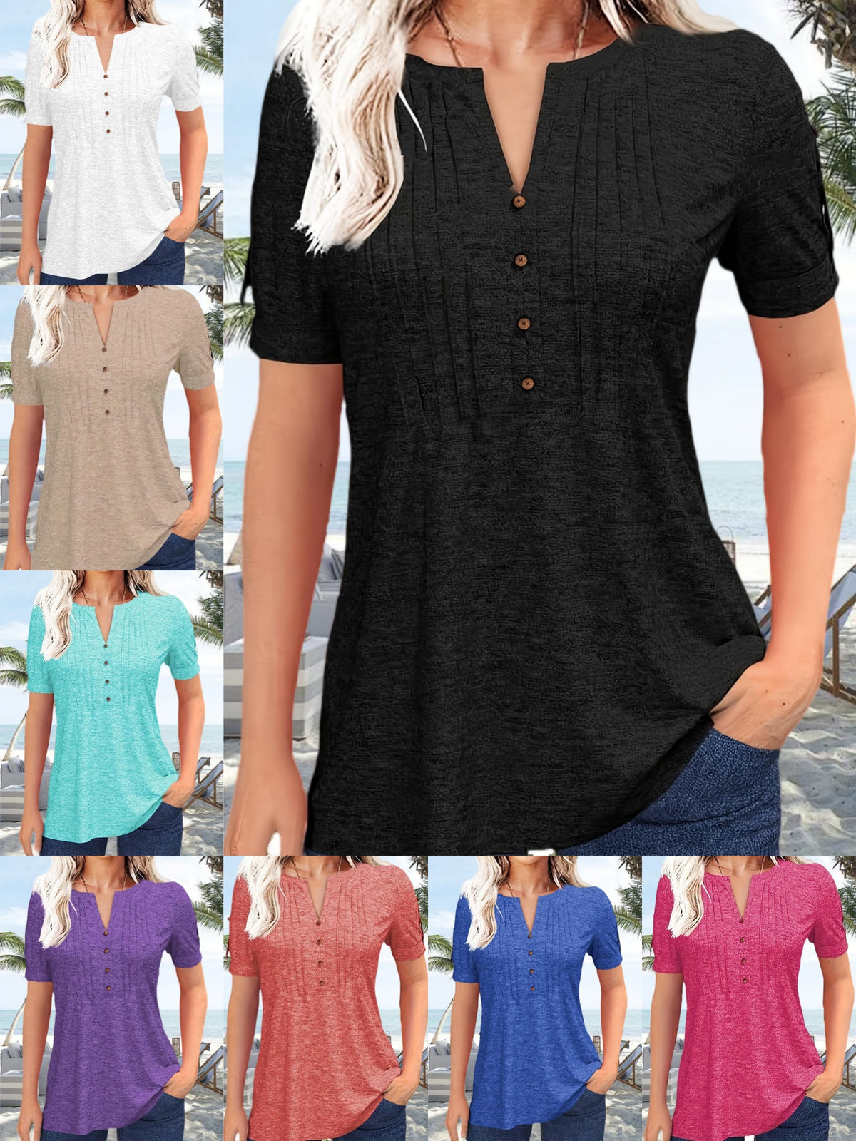V-Neck Pleated Blouse Women Short Sleeve Button-Up Solid Color Summer Casual Flowy Top S-XL