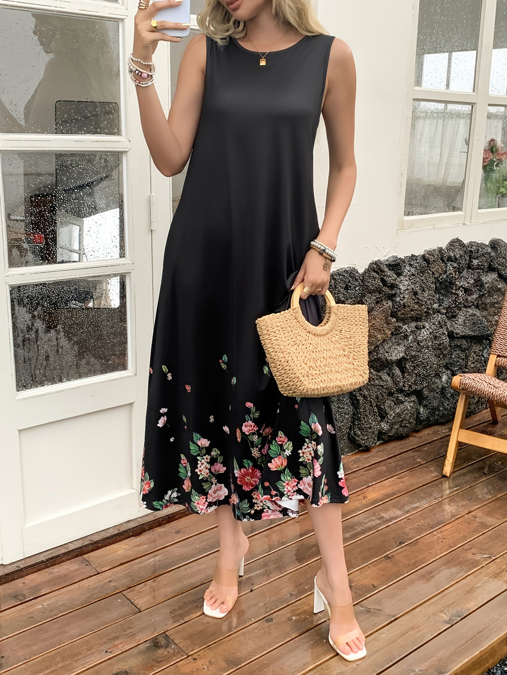 Floral Print Spaghetti Strap Dress Women Pocket Sleeveless Digital Print Midi Dress Casual Elegant Evening Holiday Dress S-XXL