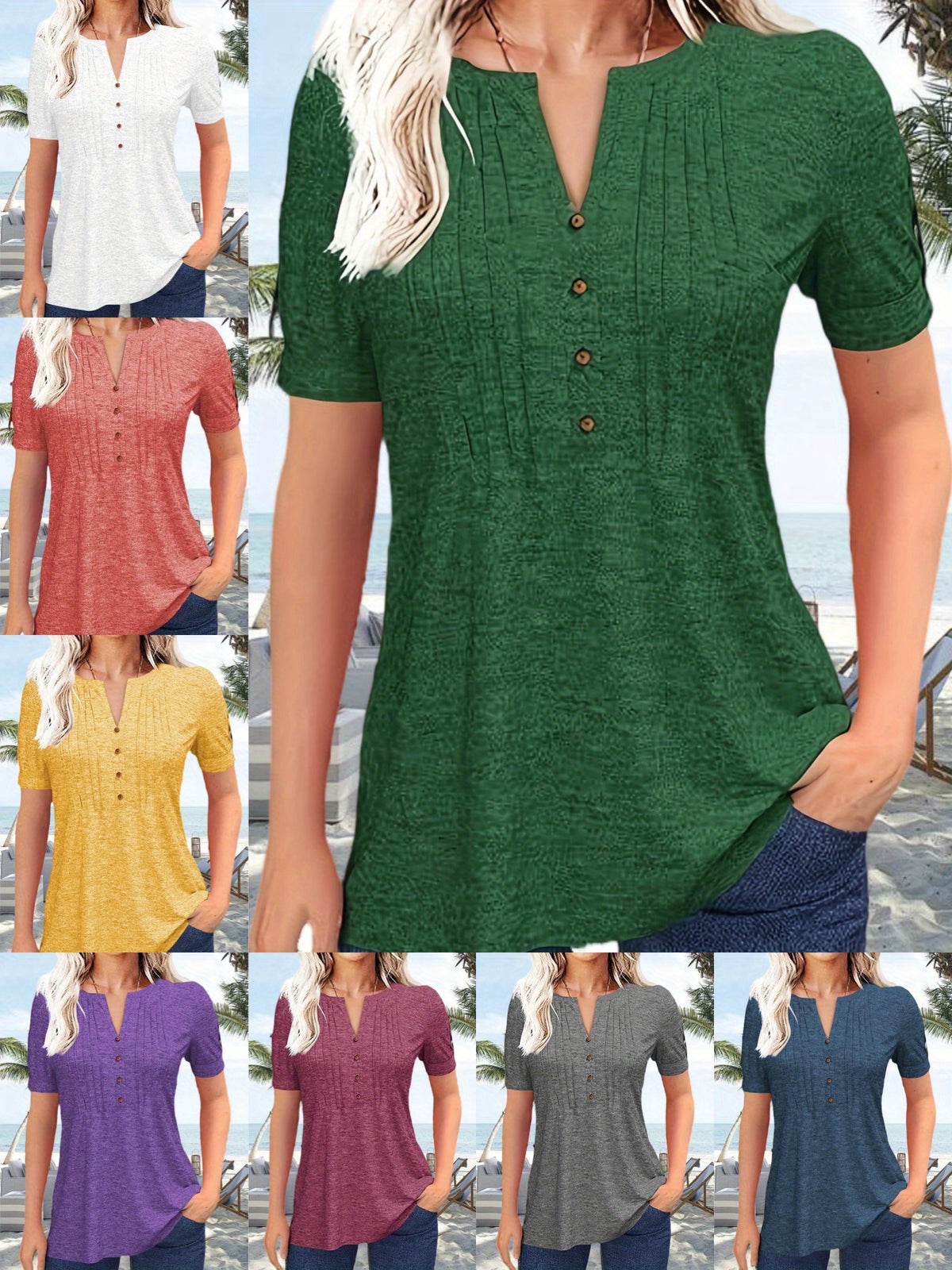 V-Neck Pleated Blouse Women Short Sleeve Button-Up Solid Color Summer Casual Flowy Top S-XL