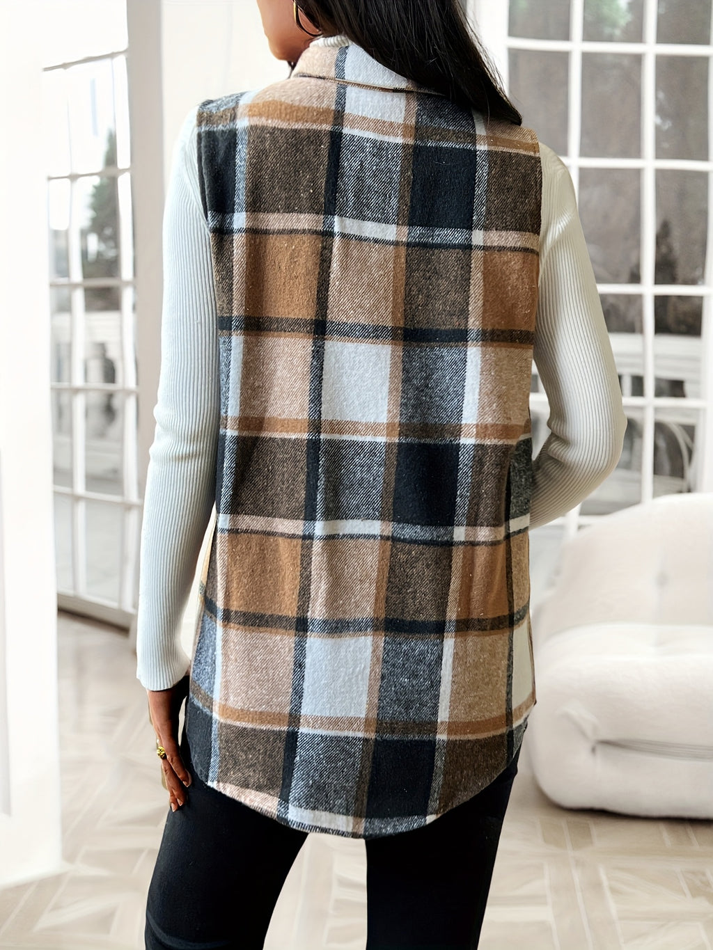 Plaid Lapel Vest Jacket Women Casual Suede Sleeveless Outerwear Fall Winter Layering