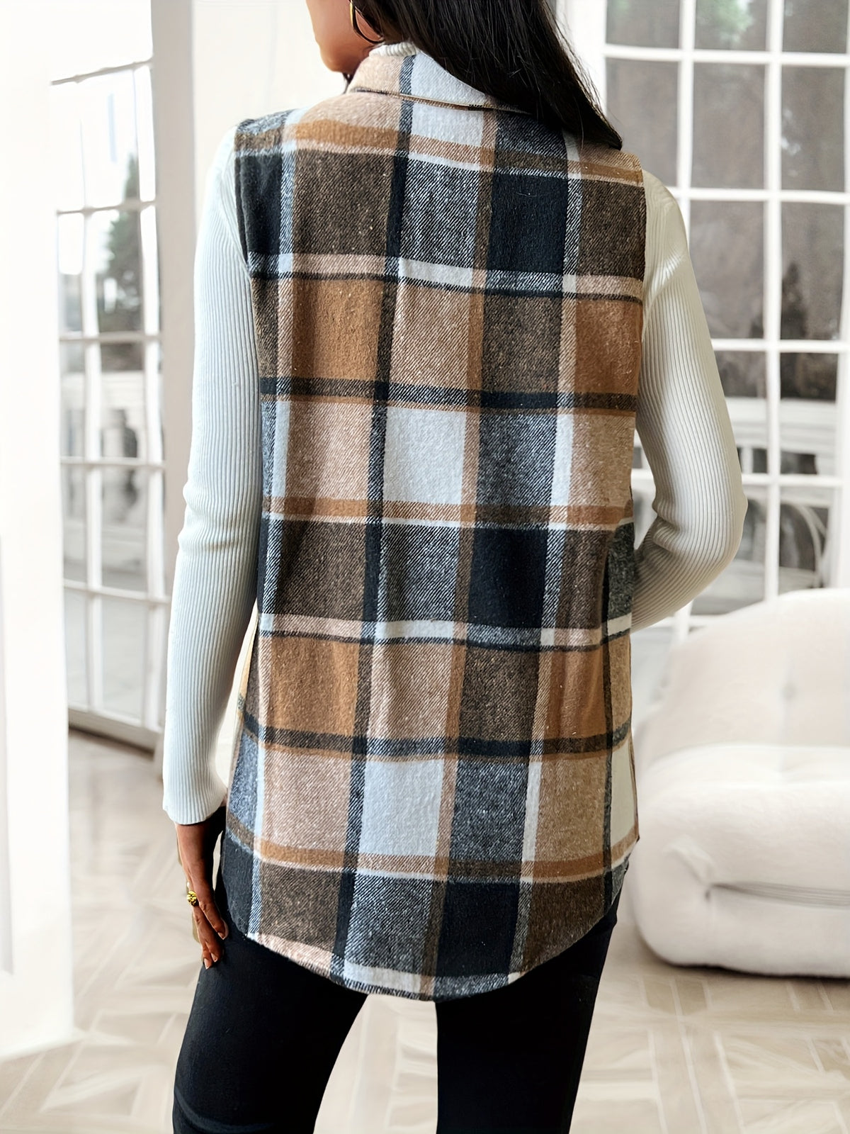 Plaid Lapel Vest Jacket Women Casual Suede Sleeveless Outerwear Fall Winter Layering