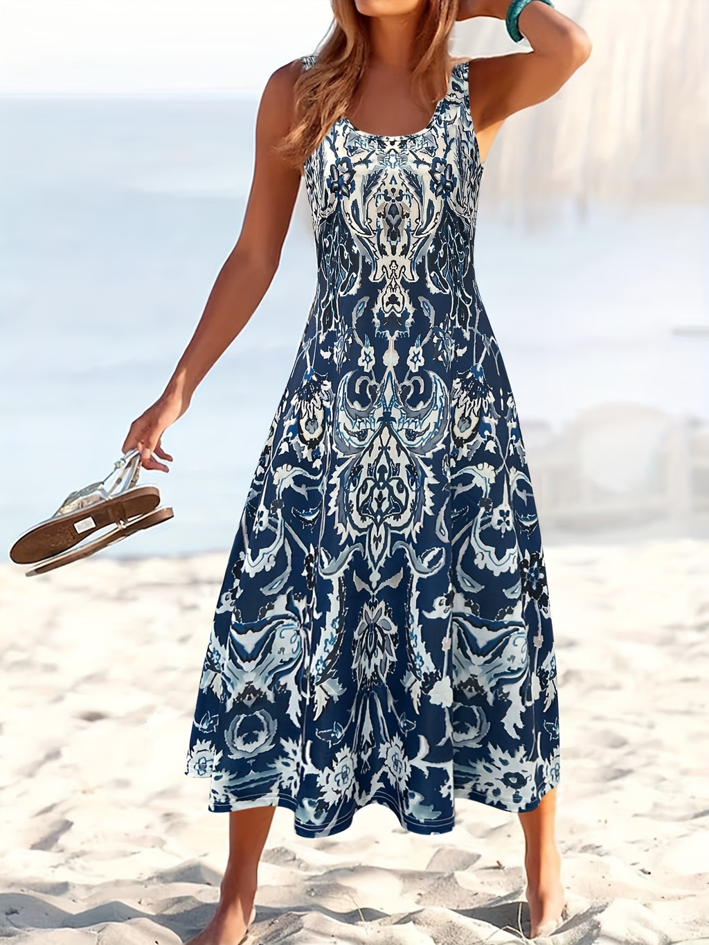 Floral Print Square Neck Midi Dress for Women – Vacation Summer Casual Geometric Pattern Stretchy Dress