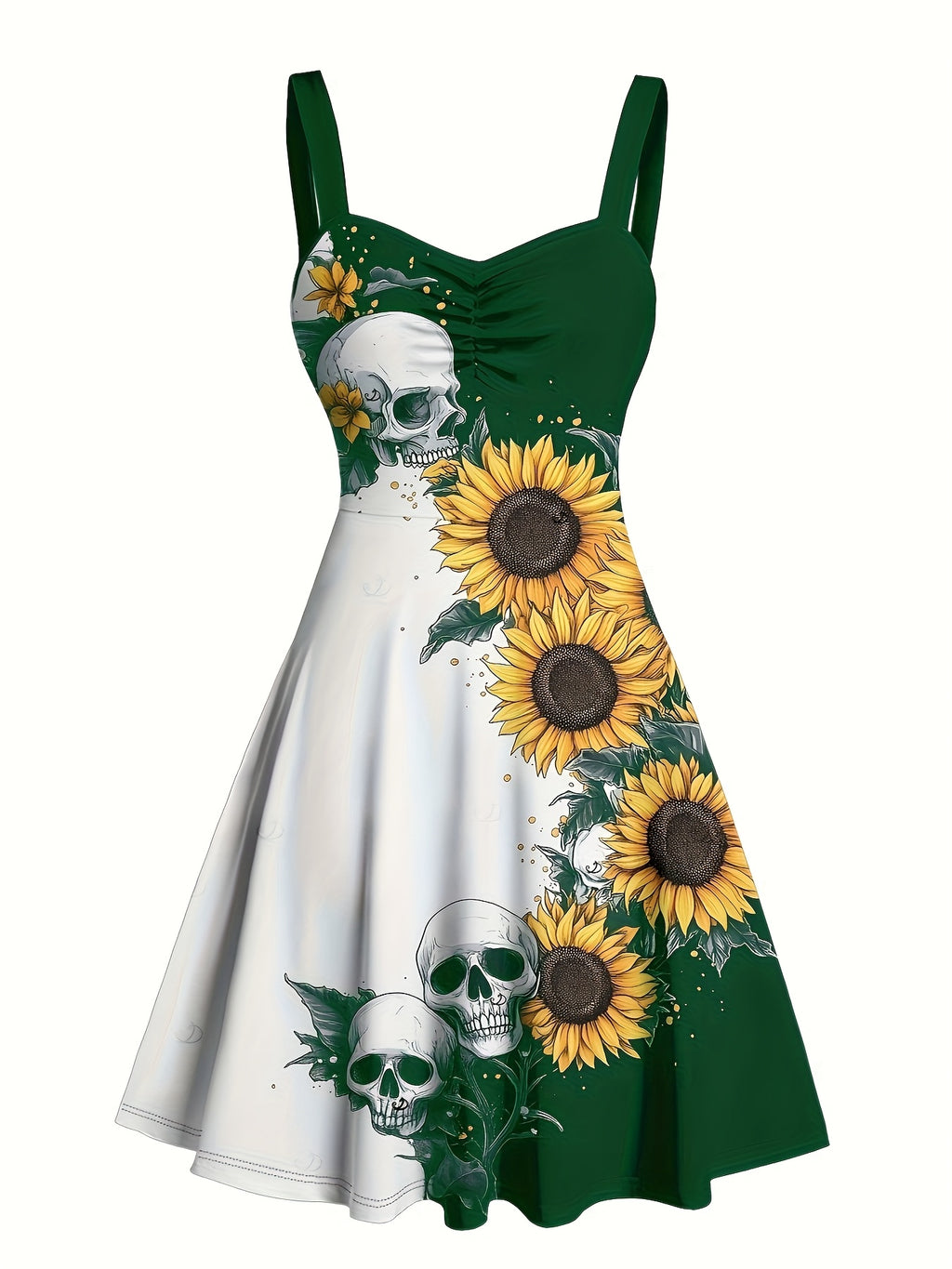 Gothic Sunflower Skull A-Line Mini Dress Women Sweetheart Spaghetti Strap Colorblock Ruched Belt Retro Halloween Dress S-XXL