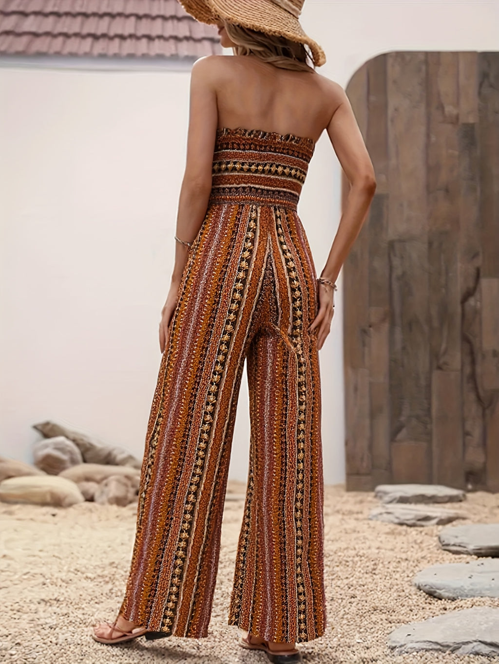 Strapless Striped Wide-Leg Jumpsuit Women Black White Smocked Tube Top Casual Loose Summer Vacation Romper S-XXL