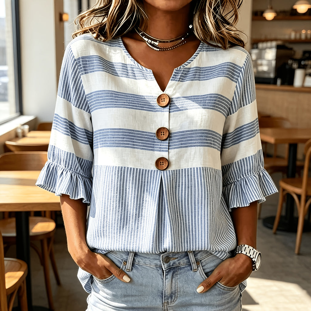 Striped V-Neck Blouse Women Ruffle 3/4 Sleeve Loose Fit Tunic Top Lightweight Linen Button Detail Summer Shirt S-2XL