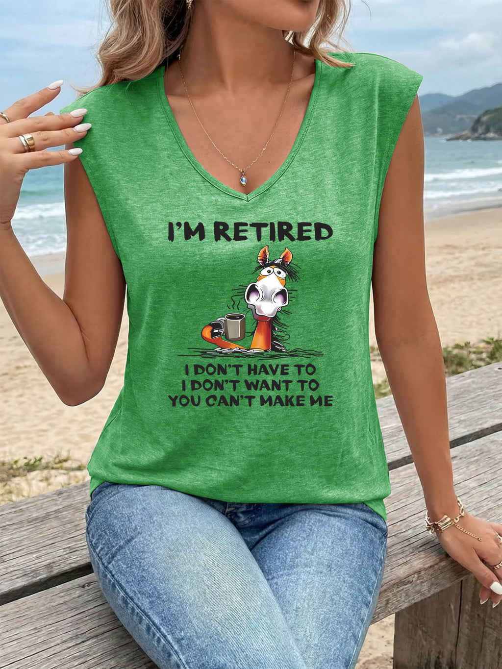 Women's V-Neck Sleeveless Tank Top Funny Retired Cartoon Graphic Tee Breathable Stretch Knit Summer Beach Casual T-Shirt