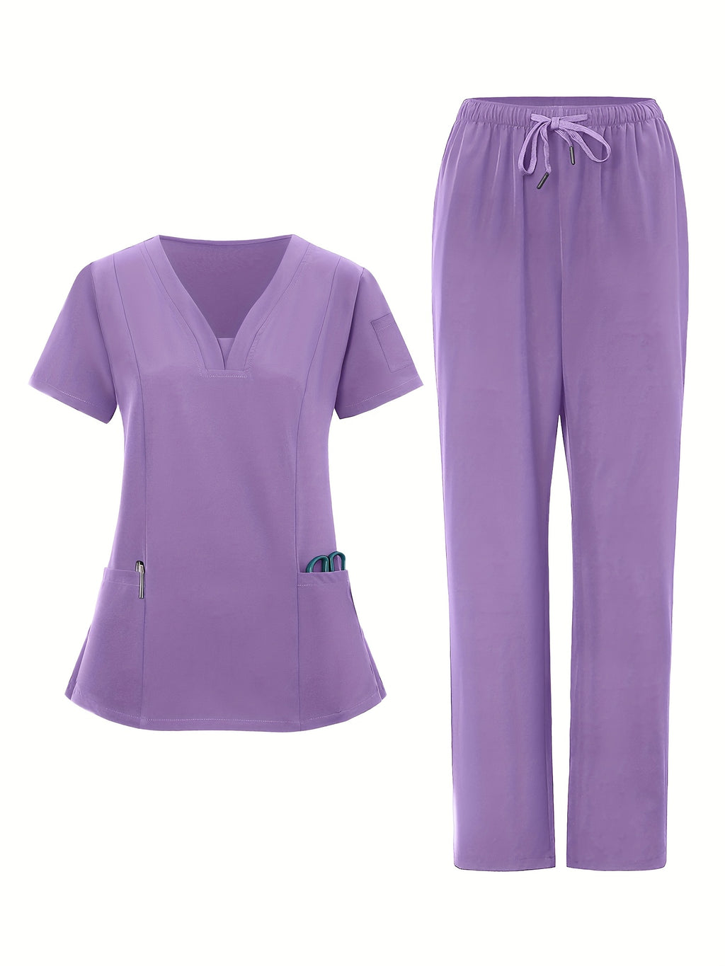 2pcs Women's V-Neck Work Uniform Set Breathable Pocket Top & Pants - Machine Washable Matching Scrub Suit for Healthcare, Education, Retail Casual Professional Attire