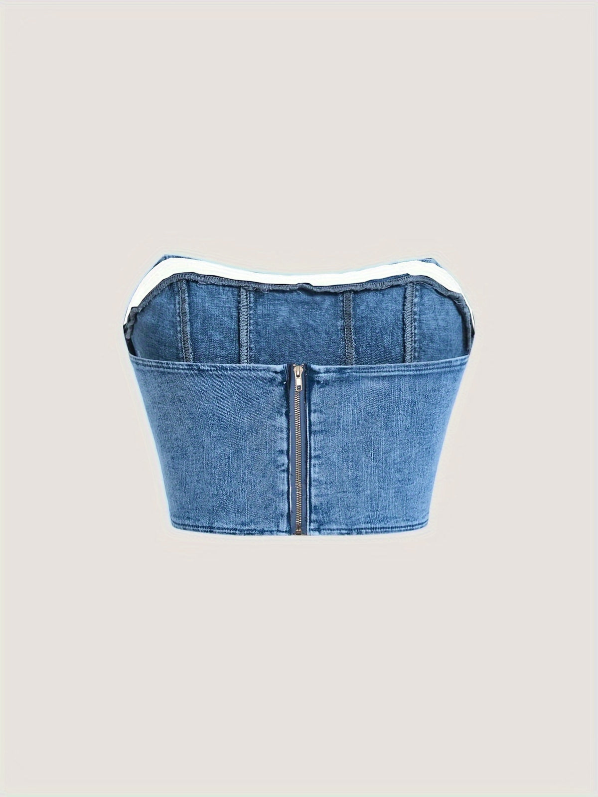 Denim Bandeau Tube Top Women Off Shoulder Back Zipper Stretch Light Blue Slim Fit Casual Dressy Blouse XS-XL
