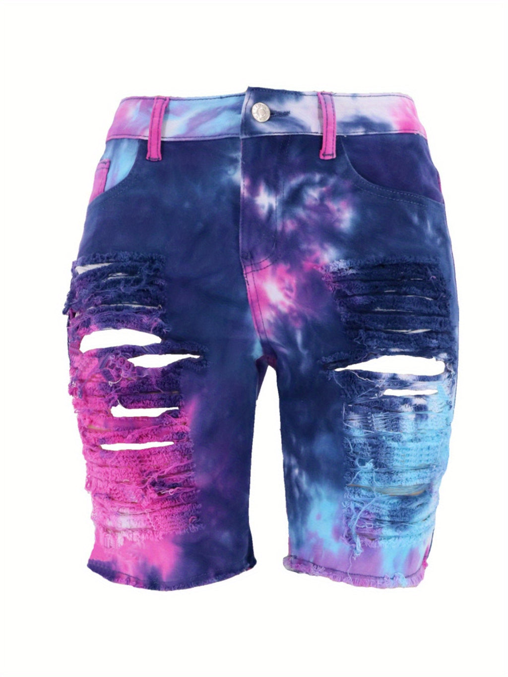 Ripped Denim Shorts Women Tie-Dye Distressed High Waist Mid Length Summer Edgy Trendy Jean Shorts Blue Pink Casual Streetwear Going Out
