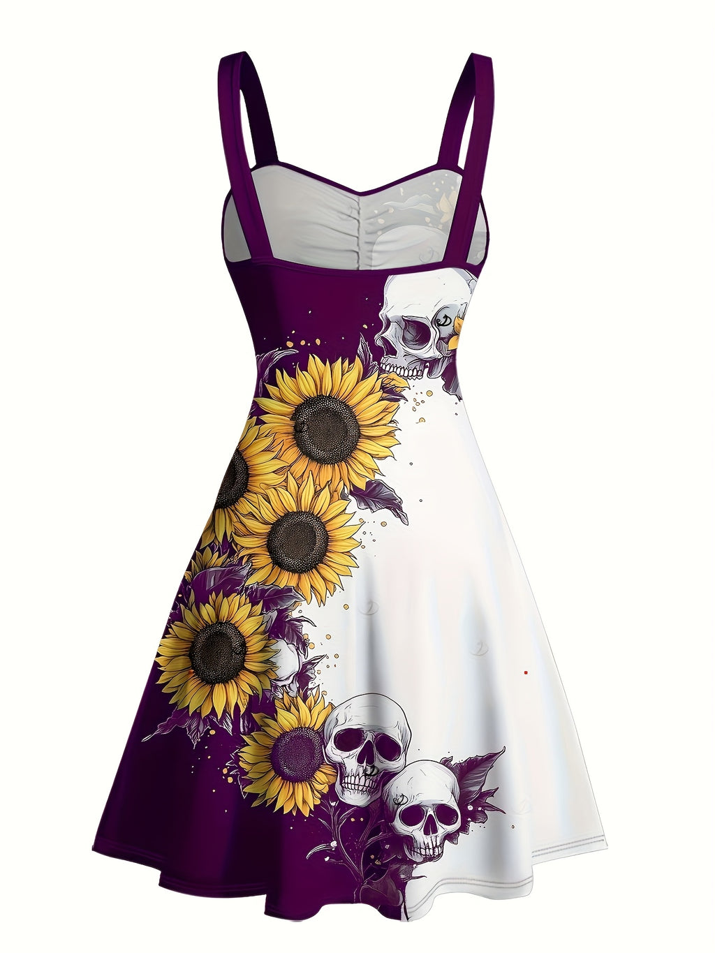 Gothic Sunflower Skull A-Line Mini Dress Women Sweetheart Spaghetti Strap Colorblock Ruched Belt Retro Halloween Dress S-XXL