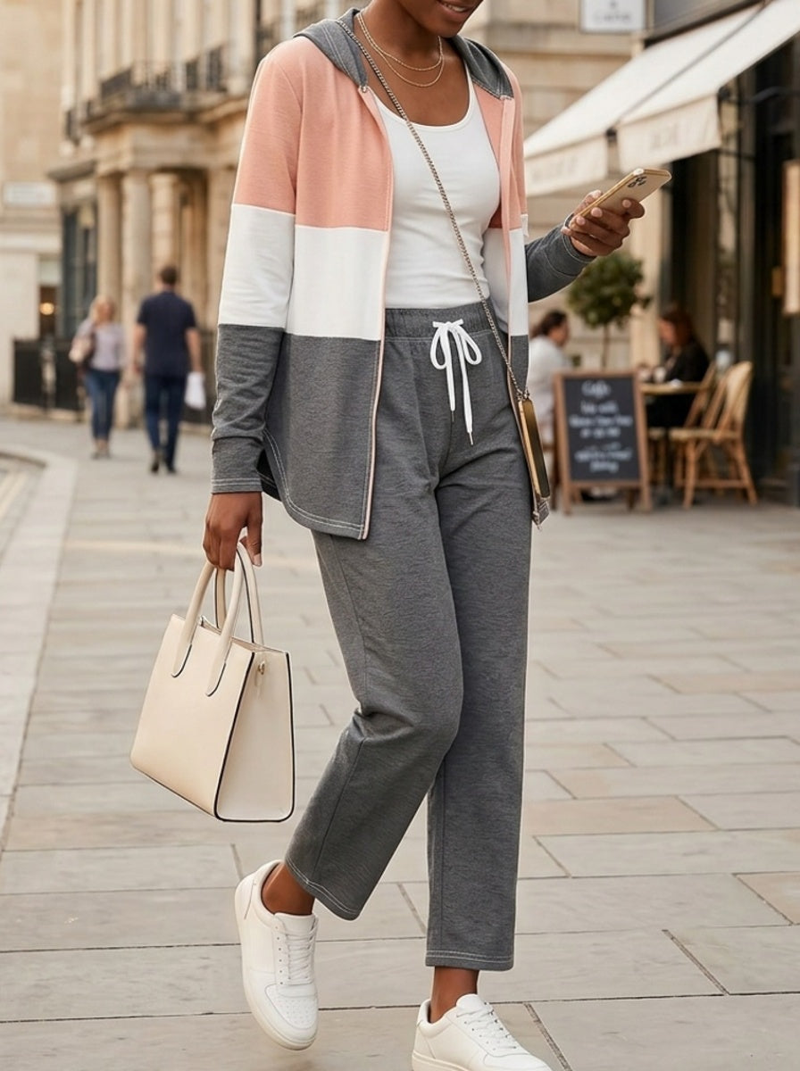 Color Block Hooded Cardigan Wide Leg Pants Lounge Set Women Casual Home Weekend Tracksuit Outfit S-XXL