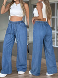 High-Waisted Wide-Leg Jeans for Women - Drawstring Elastic Waistband Loose Straight Leg Denim Trousers, Lightweight Lyocell Blend Casual Pants for Everyday All-Season Wear