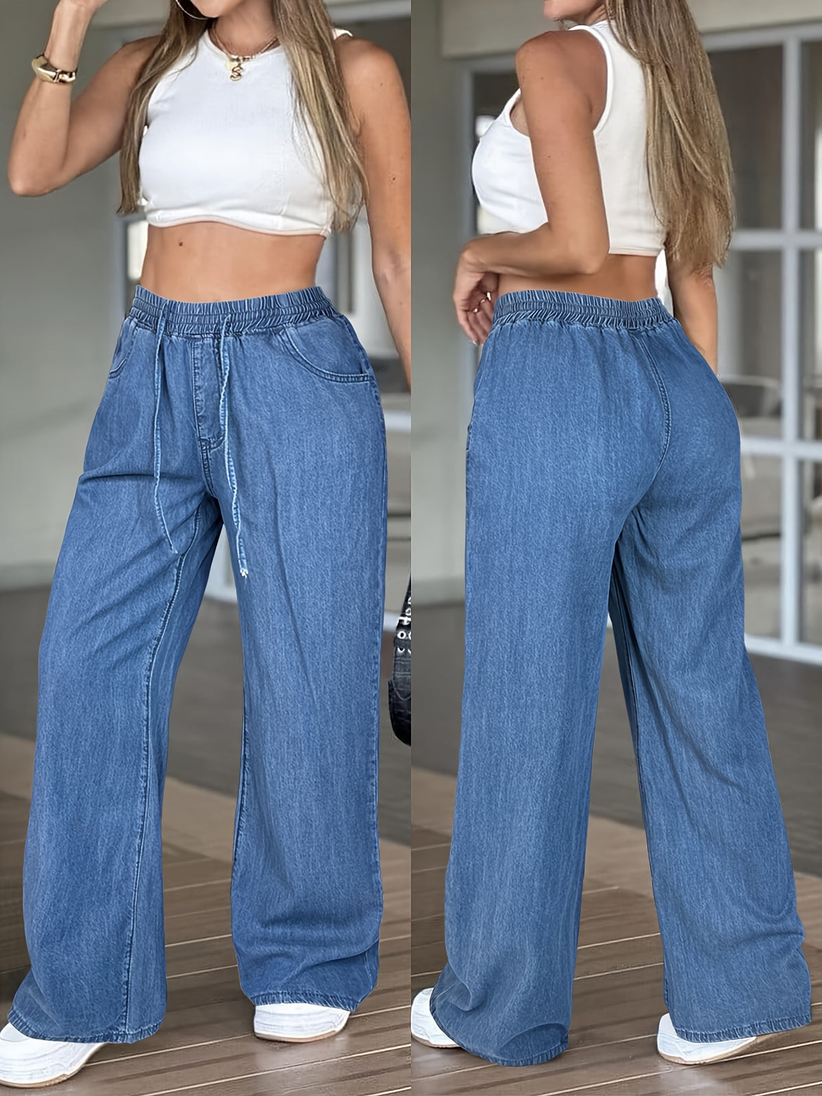High-Waisted Wide-Leg Jeans for Women - Drawstring Elastic Waistband Loose Straight Leg Denim Trousers, Lightweight Lyocell Blend Casual Pants for Everyday All-Season Wear