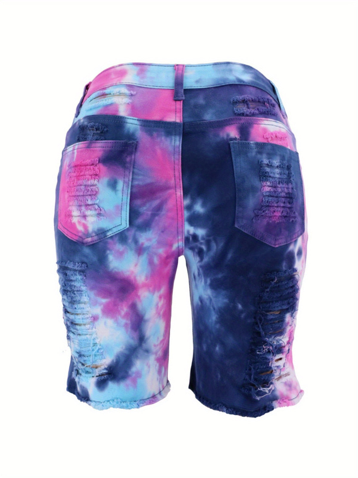 Ripped Denim Shorts Women Tie-Dye Distressed High Waist Mid Length Summer Edgy Trendy Jean Shorts Blue Pink Casual Streetwear Going Out