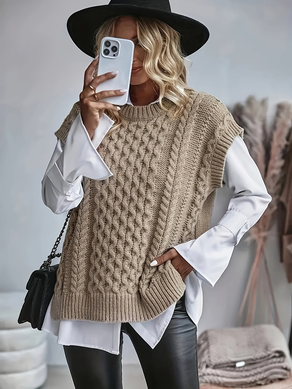 Cable Knit Sweater Vest Women Sleeveless Round Neck Slit Hem Solid Color Layering Top - Casual Semi-Formal Acrylic Knitwear Spring Summer Fall