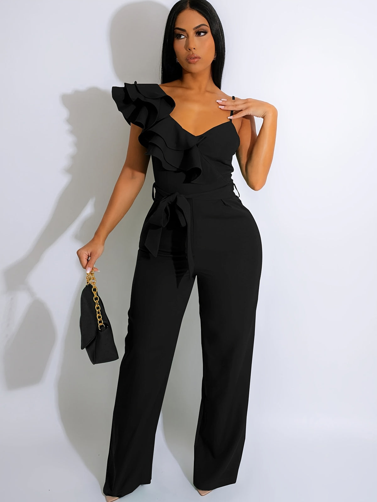 Wide Leg Ruffle Jumpsuit for Women, V-Neck Sleeveless Elegant Romper, Sexy Party Clubwear One Piece Overalls, Asymmetric Spaghetti Strap Summer Jumpsuit