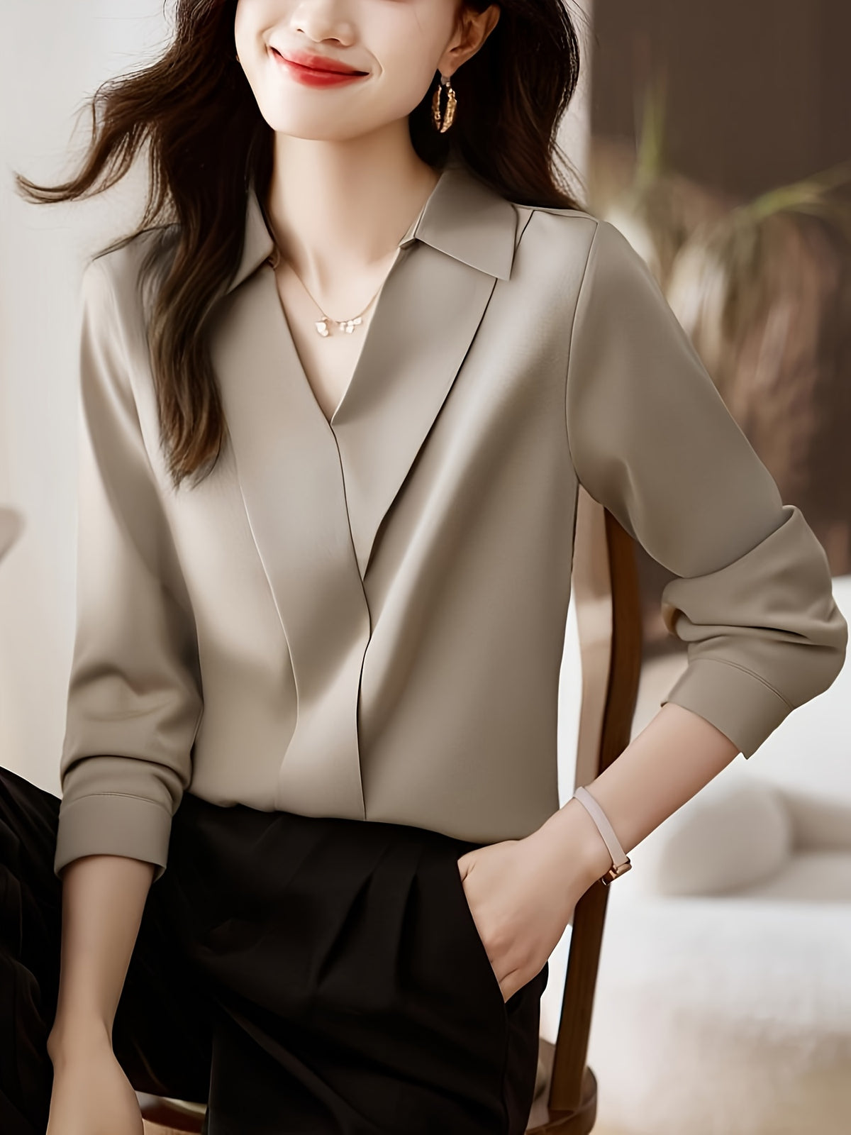 Satin Lapel Blouse Women Faux Silk Solid Color Long Sleeve Cardigan Button Shirt Elegant Casual Office Top S M L XL XXL