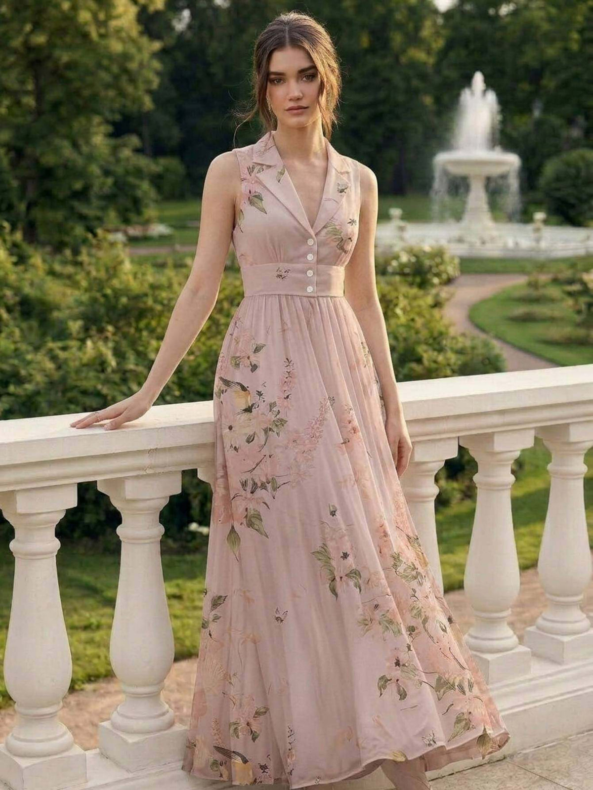 Vintage Print Lapel Dress Women Sleeveless Waist-Cinching Elegant A-Line Dress Spring Summer Date Afternoon Tea Semi-Formal Dress S-XXL