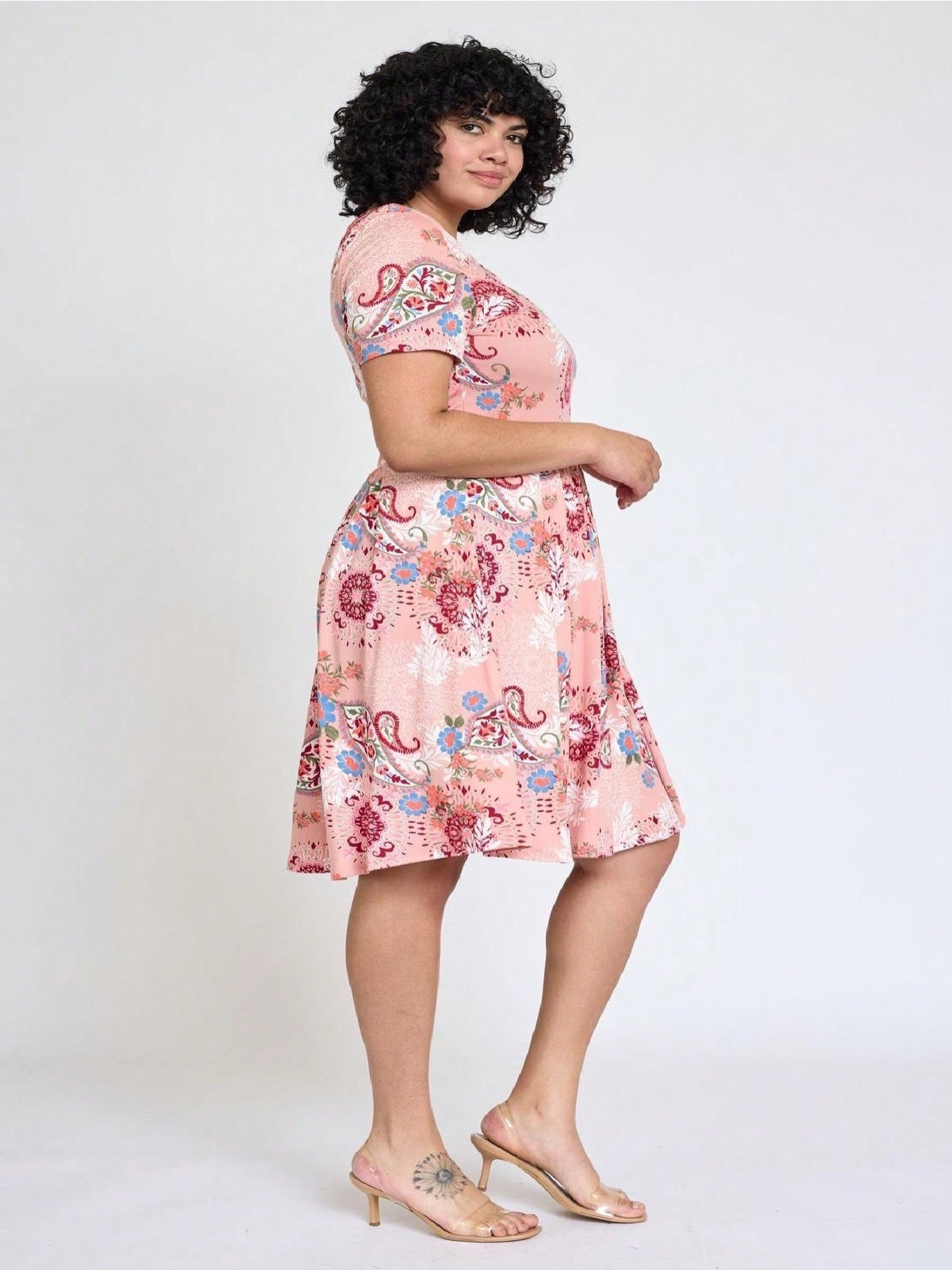 Paisley Floral Swing Dress Women Chevron Stripe Patchwork Pleated Square Neck Elastic Waist Midi Casual Plus Size S-3X