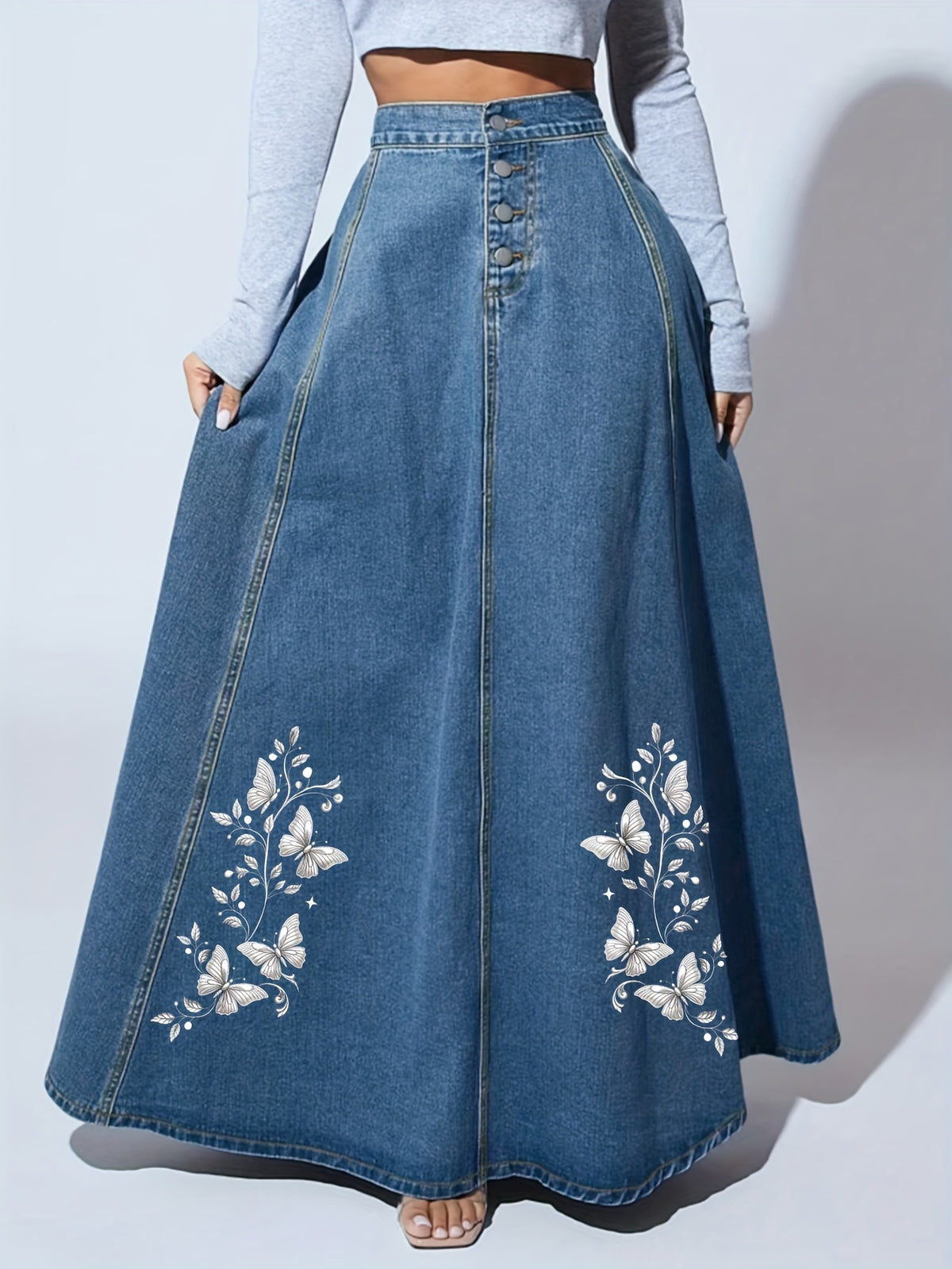 Floral Embroidered Denim Maxi Skirt Women Button Closure Long Jean Skirt Casual Formal All Season Solid Color High Quality 2025