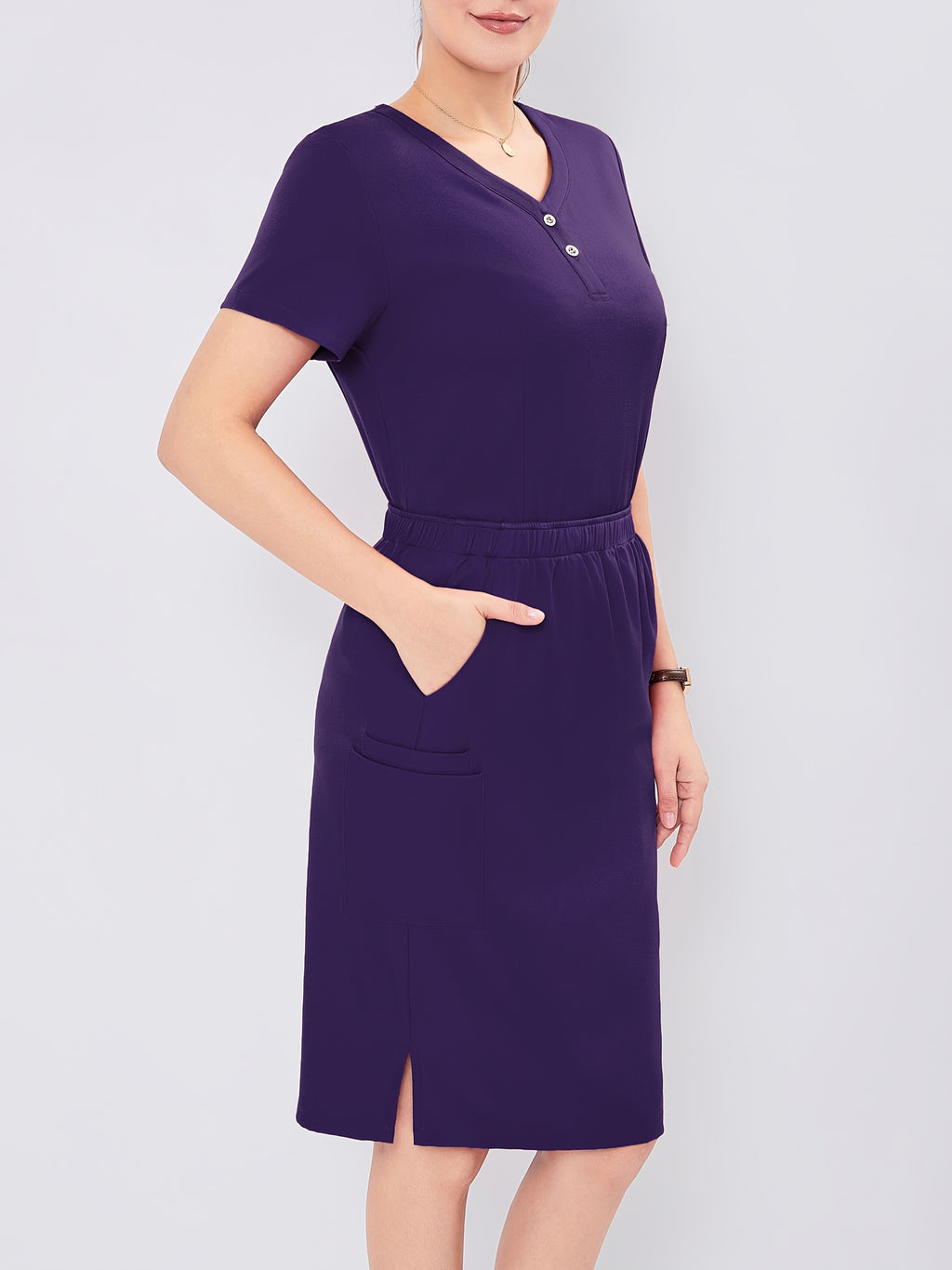 Women's V-Neck Scrub Set Short Sleeve Medical Uniform Beauty Salon Polyester Solid Color Top & Skirt with Pockets