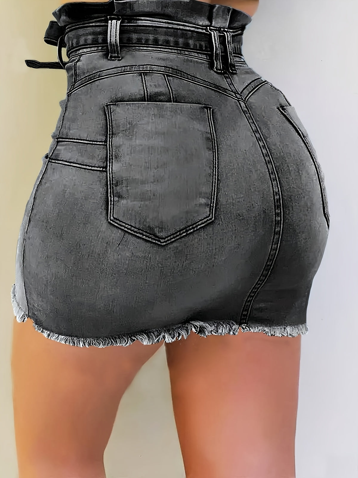 Bodycon Denim Mini Skirt Women Waist Tie Frayed Hem Stretch Solid Color Button Summer Daily Wear Tight Hip Jean Skirt