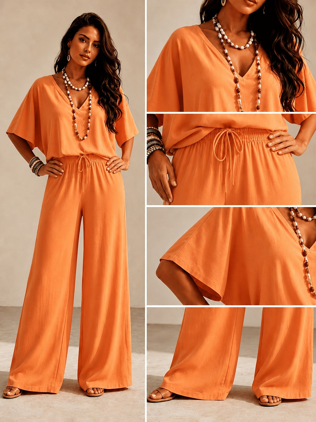 Women's 2-Piece Pants Set Double V-Neck Batwing Sleeve Top & High Waist Wide-Leg Pants Bohemian Vacation