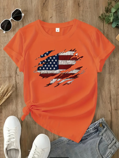 American Flag Heart Print T-Shirt Women Patriotic Letter Crew Neck Short Sleeve Casual Tee 95% Polyester Stretch Knit Layering Top Machine Washable S-XXL