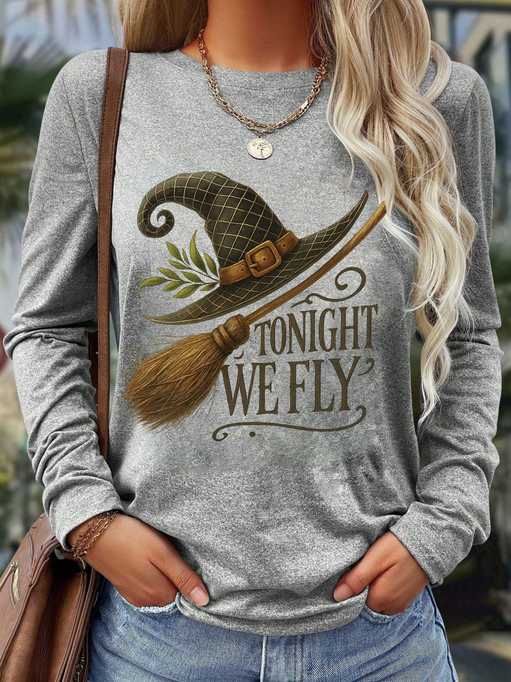Halloween Witch Hat Print Long Sleeve T-Shirt for Women - Crew Neck Breathable Casual Graphic Tee Everyday Office Wear Fall Festive Top