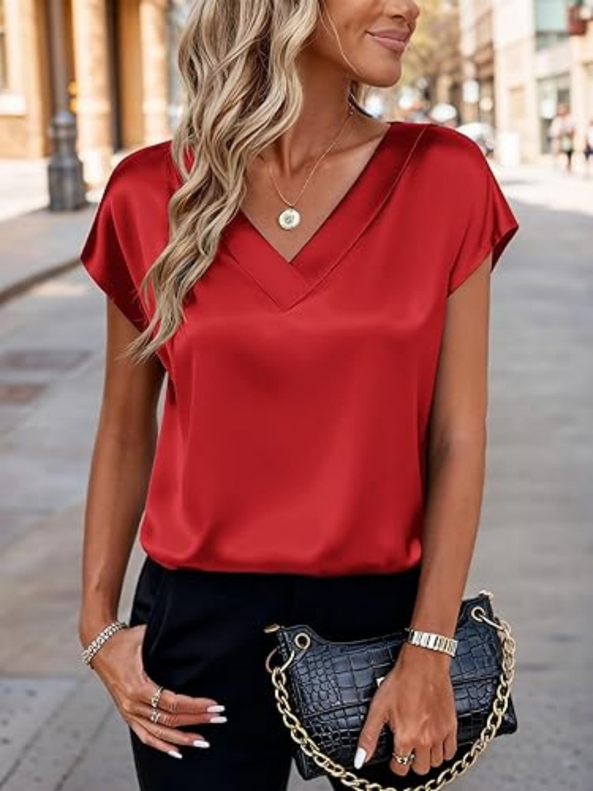 Women Satin V-Neck Cap Sleeve Blouse | Elegant Business Casual Top | Sizes S-XXL