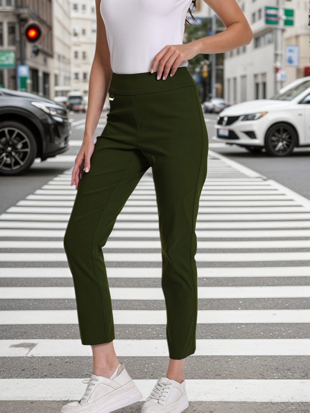 Pull On Ankle Pants Women Super Stretch Elastic Waist Solid Viscose Nylon Cropped Trousers Slim Regular Fit All Season Casual Work Pants S-XXL