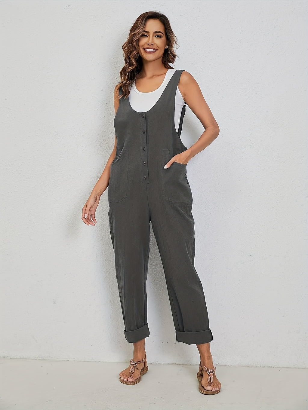 Linen Jumpsuit Women Wide Leg Casual Loose Overalls with Pockets Sleeveless Adjustable Strap Summer Palazzo Pants Romper Beige Black XS-XXL