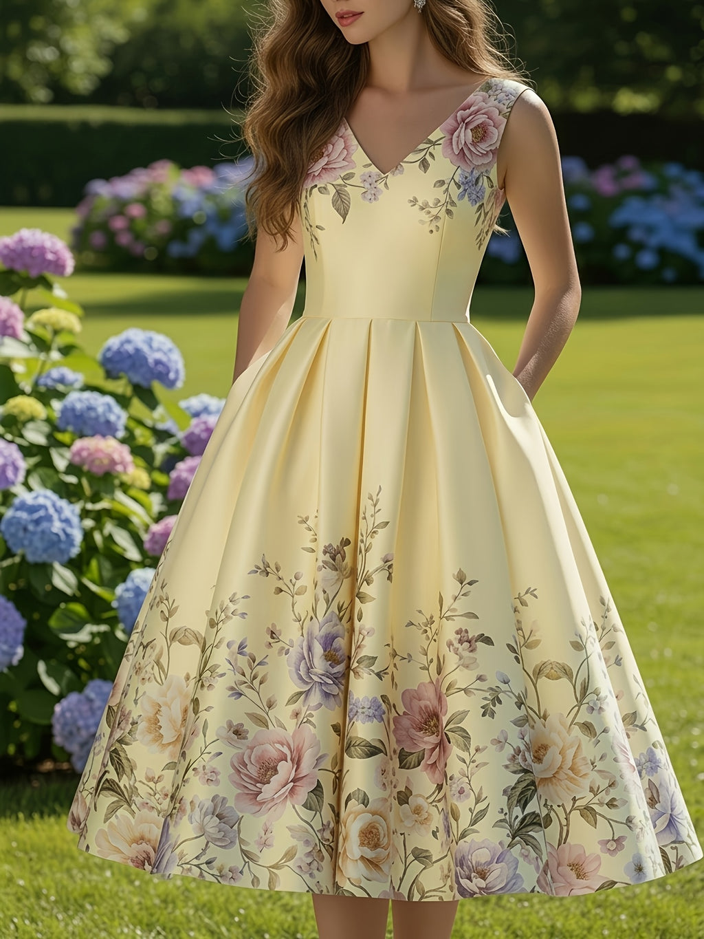 Printed Sleeveless V-Neck Dress Women Waist-Cinching Flared Skirt Elegant Spring Summer Casual Dress for Garden Party Date