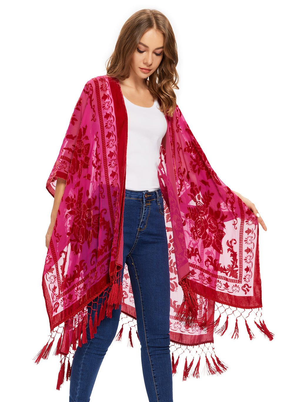 Boho Burnout Velvet Kimono Women Long Cardigan Cover Up Tassel Floral Embroidered One Size
