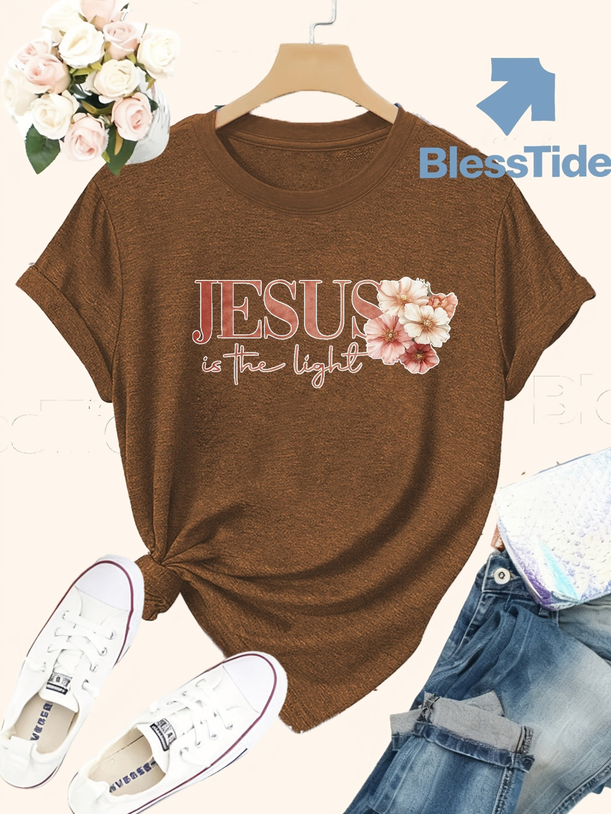 Jesus Floral Cross Double-Sided Print T-Shirt for Women - Faith Inspired Crew Neck Casual Christian Tee Summer Trendy Graphic Top