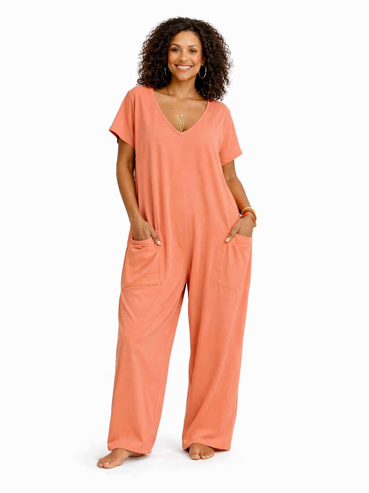 Oversized Loose Jumpsuit for Women with Pockets, V-Neck Short Sleeve Lightweight Casual One Piece, Solid Color Everyday Romper for Spring Summer Fall, Machine Washable