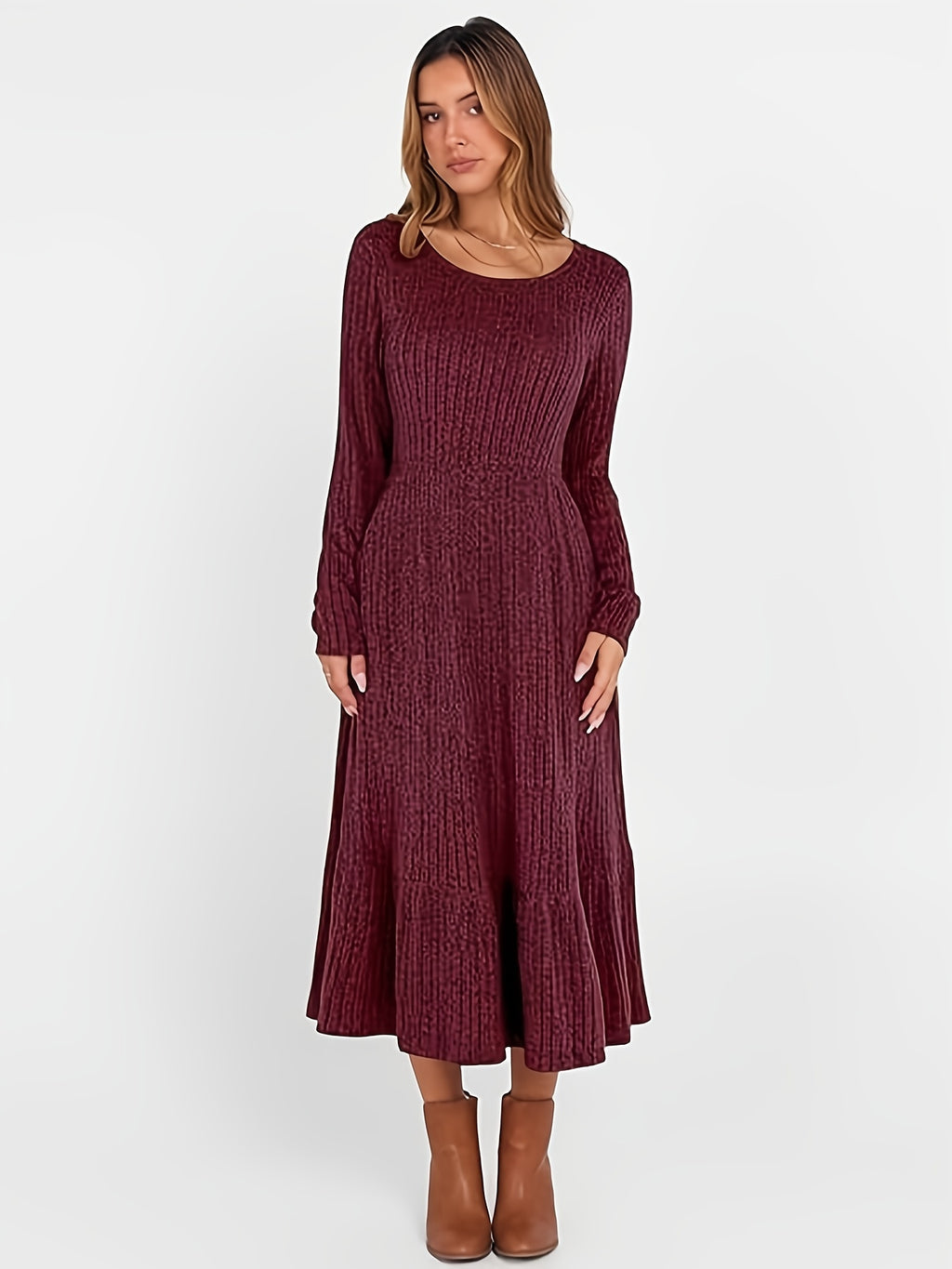 Ribbed Knit Maxi Dress Women Crew Neck Waist Cinched Pocket Warm Flattering Fall Winter Casual Office Daily Solid Color 100% Polyester