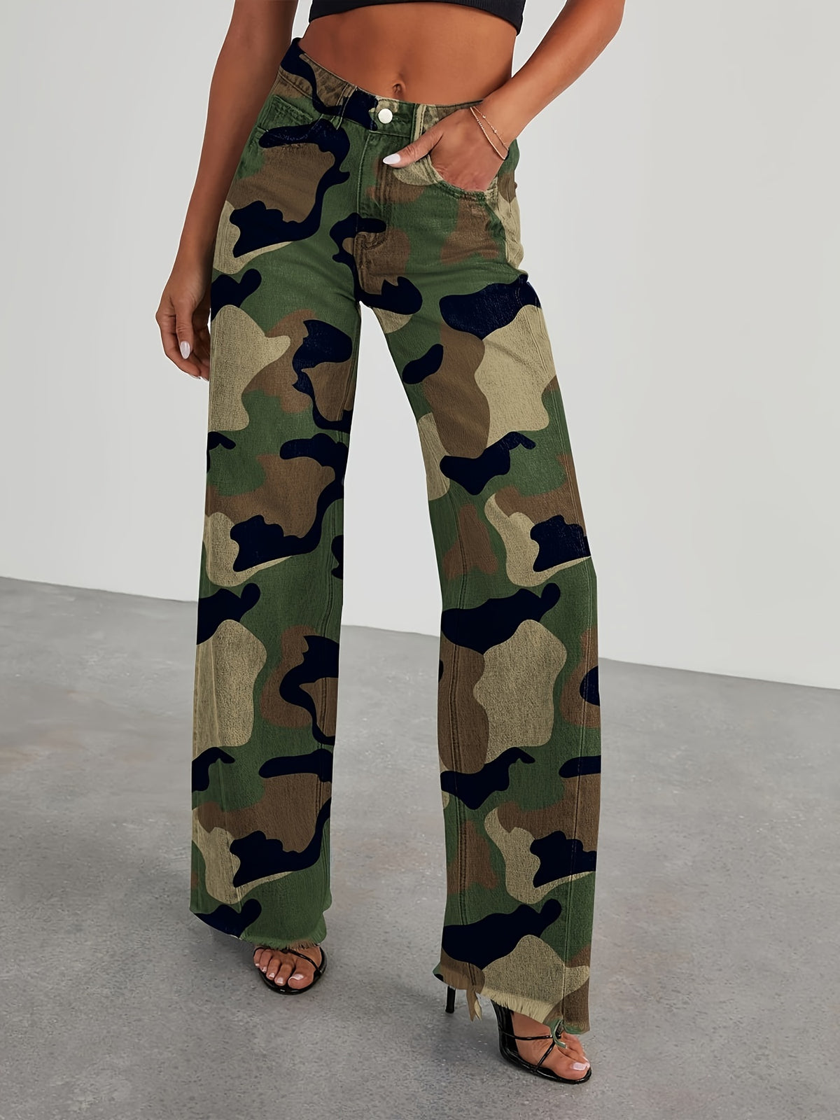 High-Waisted Wide Leg Jeans for Women - Casual Baggy Stretch Denim Pants with Pockets, Relaxed Fit Solid Color Trousers for Everyday & Weekend Wear