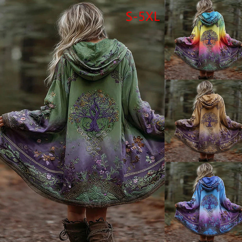 Bohemian Tree of Life Gradient Cardigan Women Hooded Oversized Printed Coat Boho Forest Vacation Photoshoot S-XXL