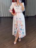 Floral Print Maxi Dress Women A-Line V-Neck Three Quarter Sleeve Tie Waist Casual Boho Dress S-XXL