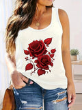 Off-Shoulder Rose Print Tank Top for Women Vacation Casual Sleeveless Shirt Red Floral Elastane Blend Spring Summer Machine Washable Beach Top