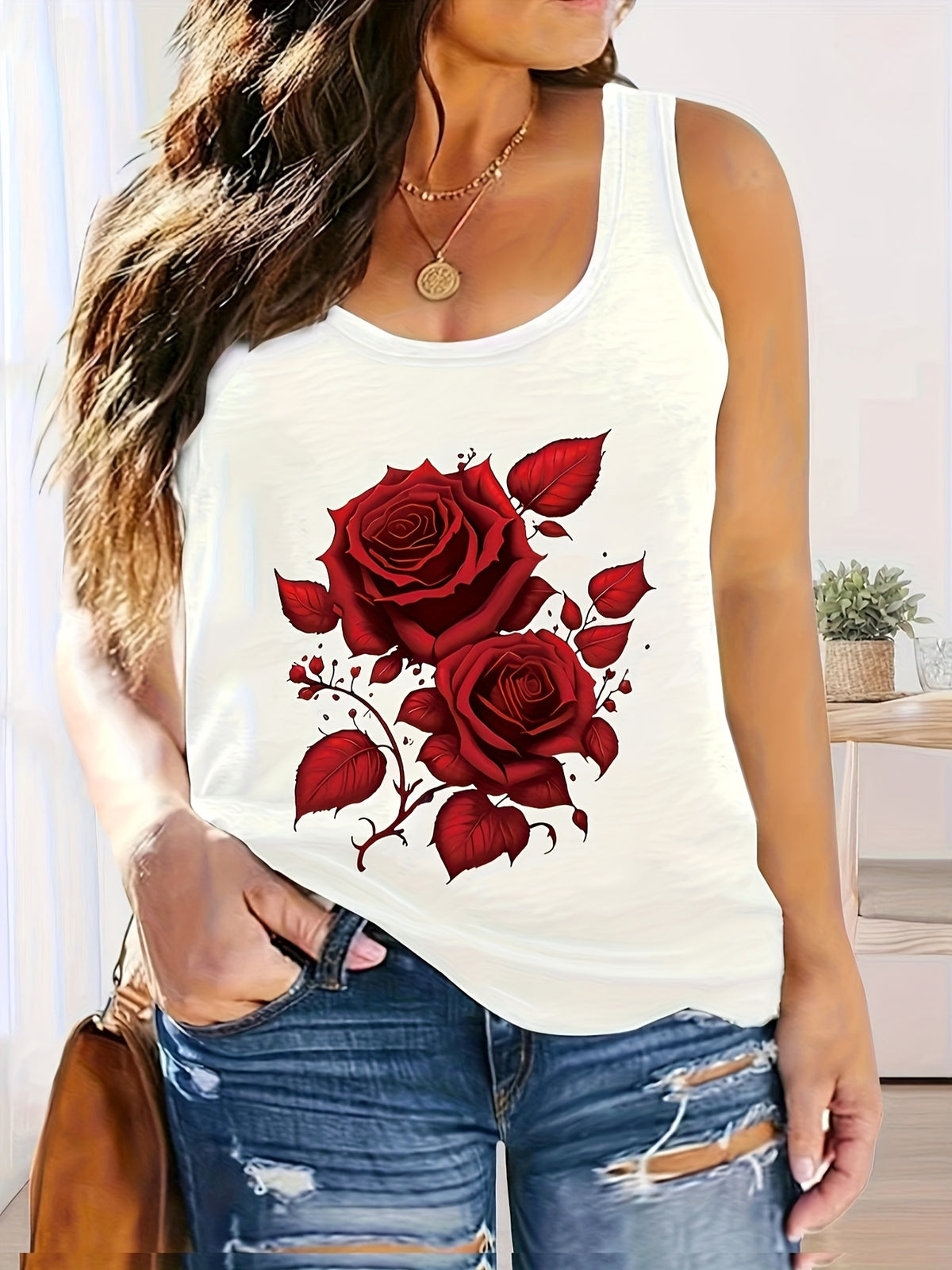 Off-Shoulder Rose Print Tank Top for Women Vacation Casual Sleeveless Shirt Red Floral Elastane Blend Spring Summer Machine Washable Beach Top