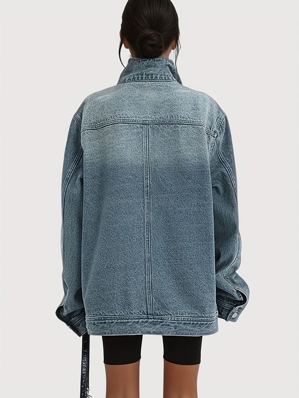 Vintage Washed High Neck Asymmetric Button Denim Jacket Women Loose Fit Drop Shoulder Streetwear Coat Light Blue Spring Fall S-XXL