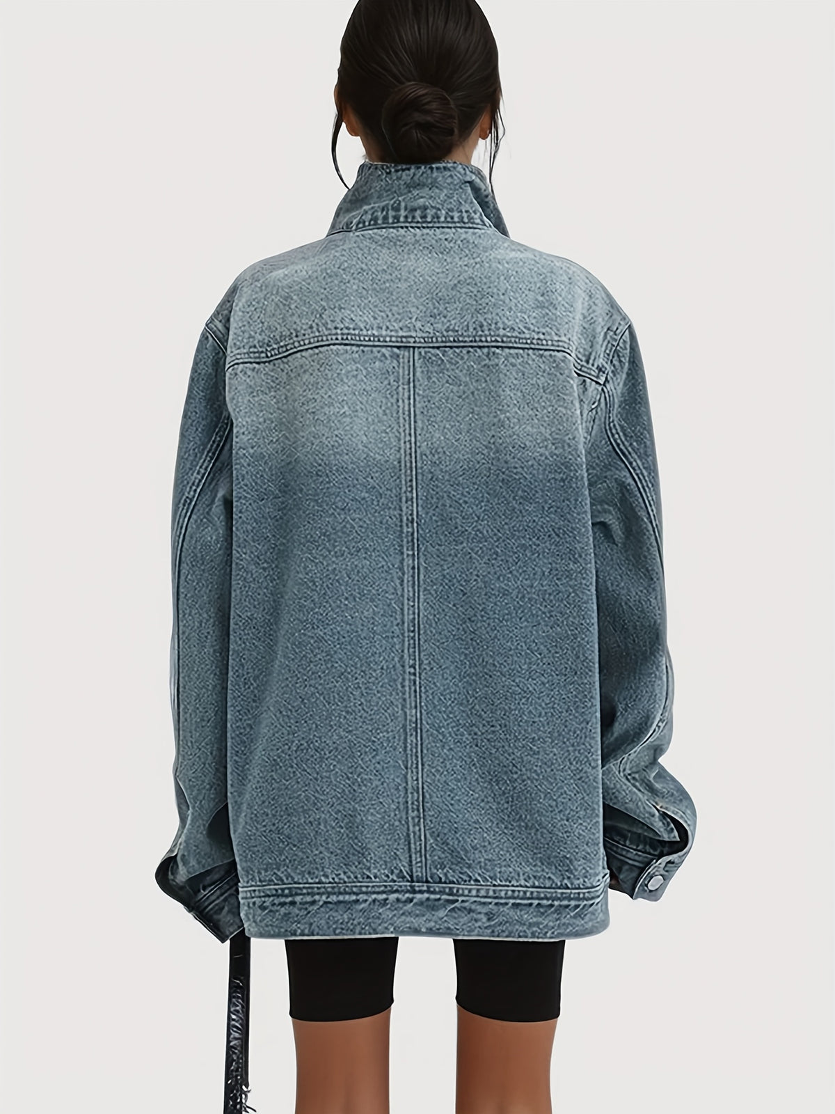 Vintage Washed High Neck Asymmetric Button Denim Jacket Women Loose Fit Drop Shoulder Streetwear Coat Light Blue Spring Fall S-XXL