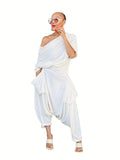 Off Shoulder Harem Jumpsuit for Women with Pockets, Polyester Knit Solid Color Casual Streetwear One Piece, Hip Hop Style Comfortable Outfit for Spring Summer Fall