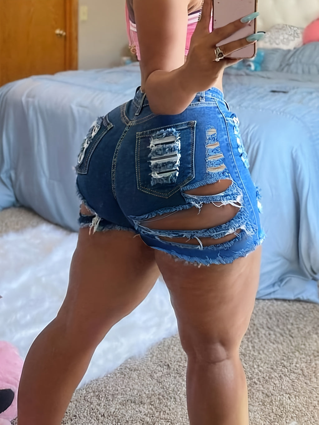 Ripped Denim Shorts Women High Waist Irregular Hem Skinny Jean Shorts with Pockets Sexy Casual Summer Hot Pants Black Dark Blue