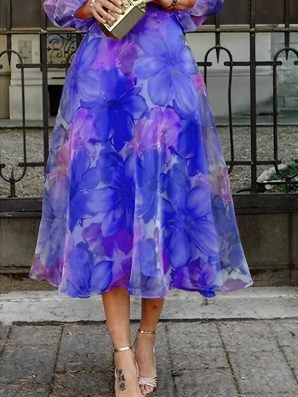 Floral Print Chiffon Maxi Dress Women Ombre Gradient Long Sleeve Back Zipper Flowy Wedding Guest Party Dress