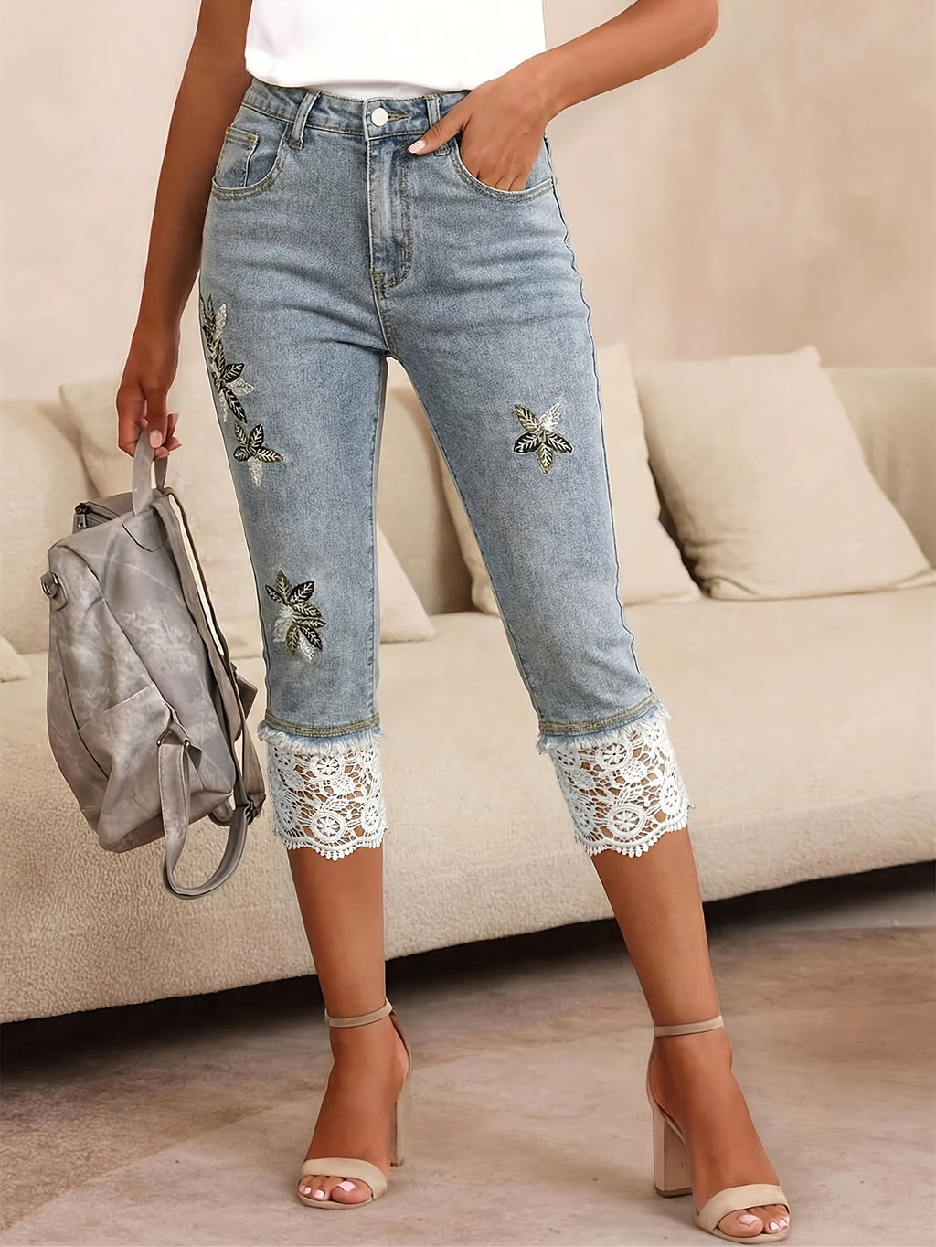High Waist Embroidered Lace Trim Denim Capri Pants Women Light Blue Slim Fit Retro Sweet Casual Commute Date Spring Summer